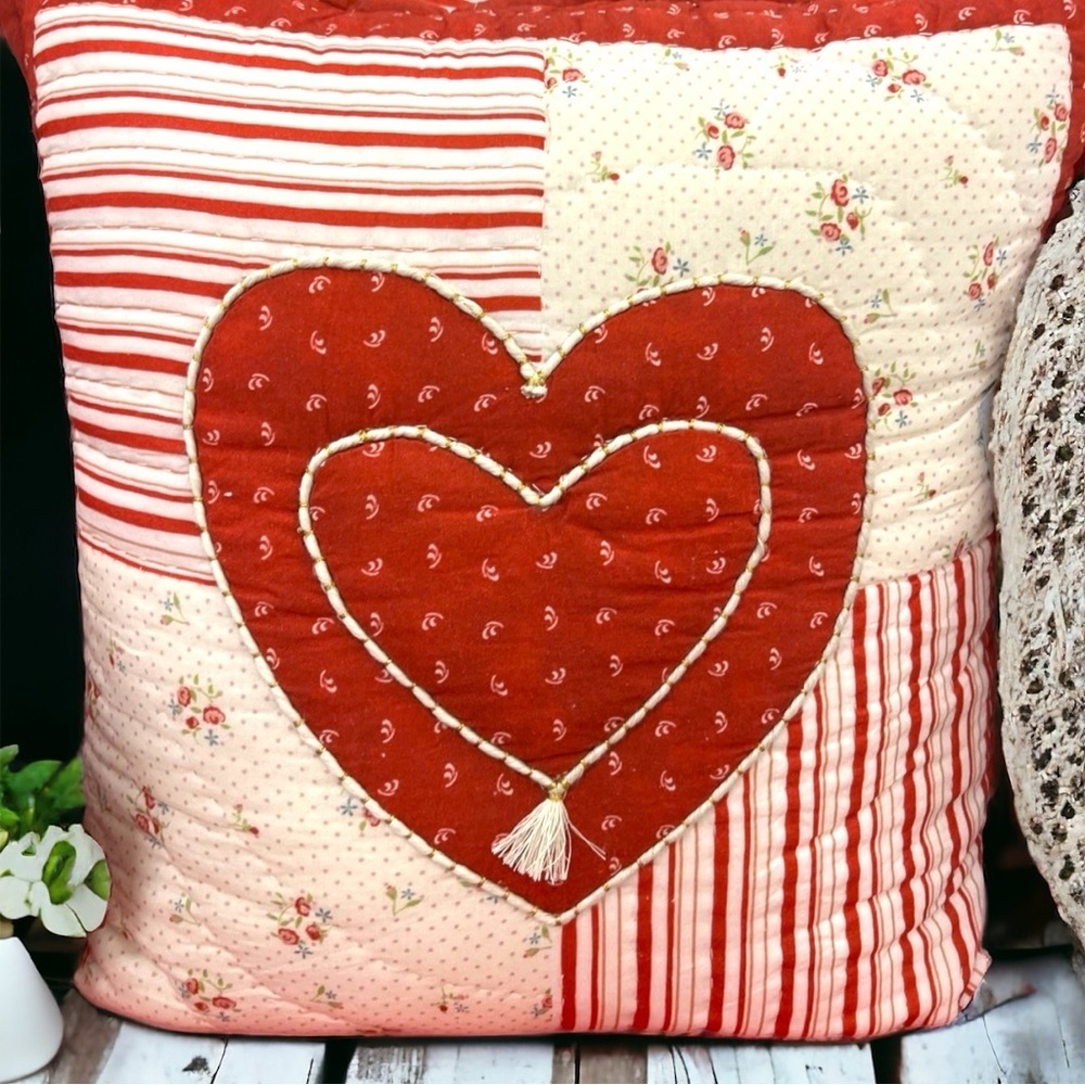 Shabby Chic Vintage Quilt Red Heart Decorative Pillow NWT
